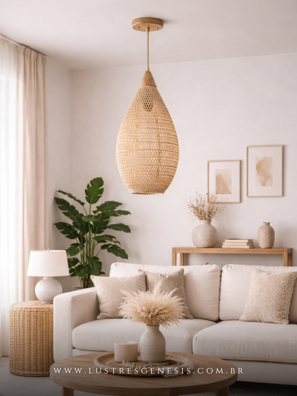 Lumin&aacute;ria Pendente de Rattan Natural &Oslash;35cm Dourado com Canopla Madeira para Bancada Cozinha &Aacute;rea Gourmet, Lavabo, Cabeceira